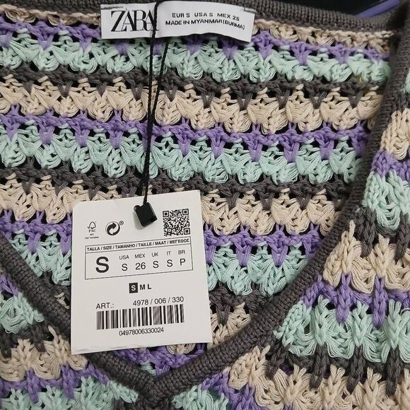 Zara womens small cropped purple beige open knit cotton sweater - Picture 5 of 7